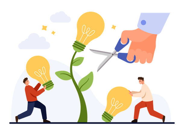 People Harvesting Lightbulb Ideas from Plant  Illustration