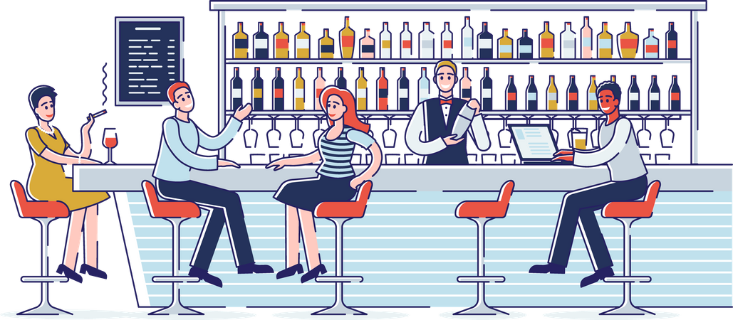 People Have A Good Time Communicating At A Bar Counter Illustration