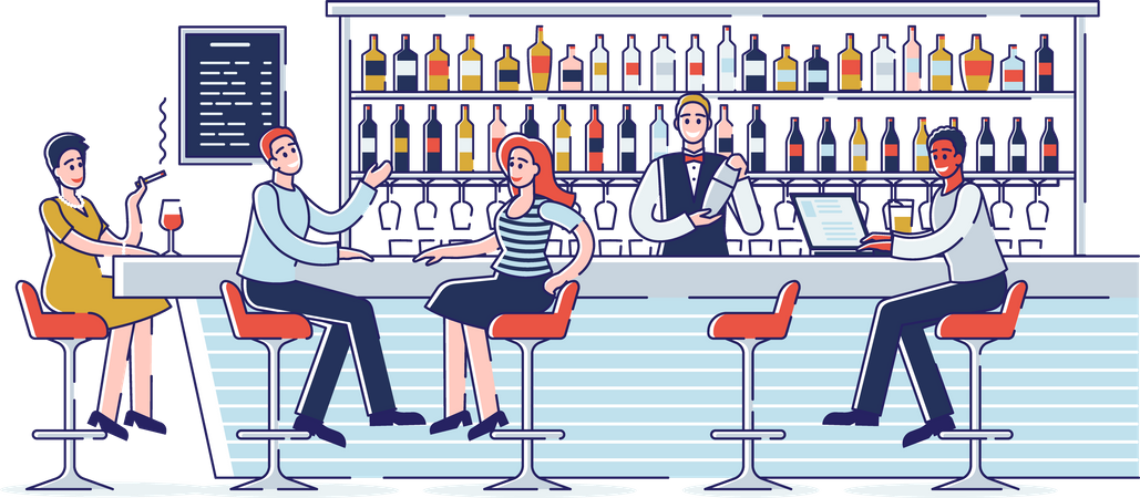 People Have A Good Time Communicating At A Bar Counter  Illustration