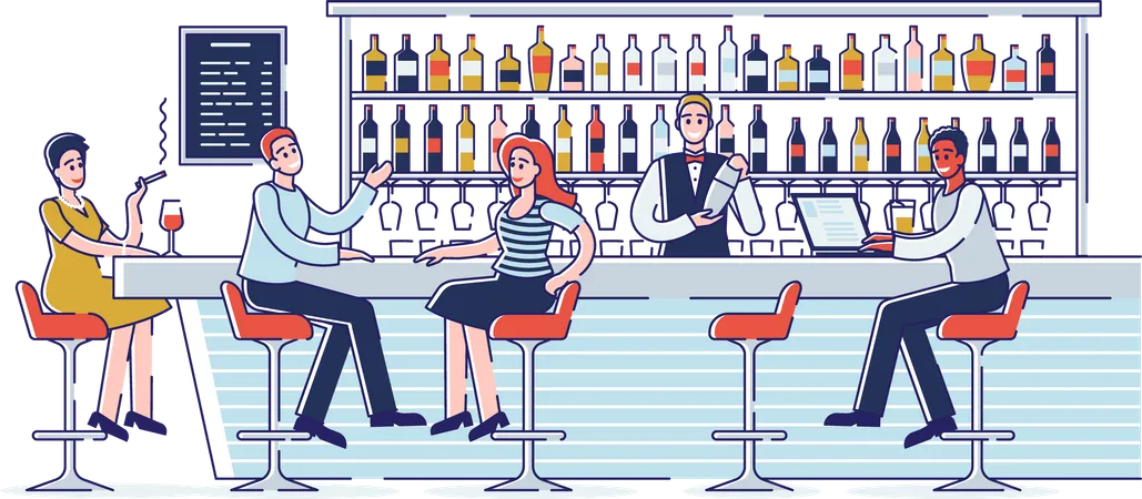 People Have A Good Time Communicating At A Bar Counter  Illustration