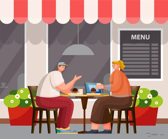 Two People Have Lunch Outdoor Summer Area Of Cafe On Street Man And Woman Sit At Table Talk And Eat Cupcakes Modern Exterior Design Of Coffeehouse Menu Board On Wall Vector Illustration In Flat Illustration