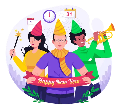 People Have Party Together To Celebrate New Year  Illustration