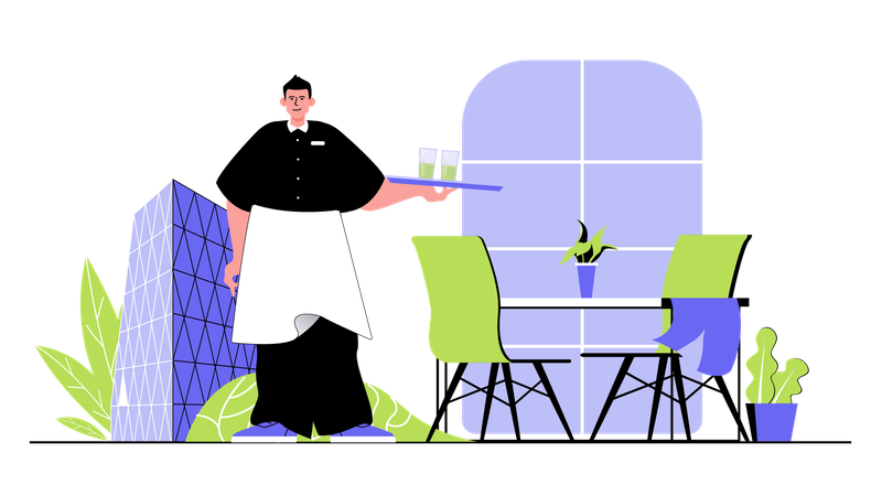 People having dinner at cafe waiter carries menu and glasses serving romantic date or evening dining  Illustration