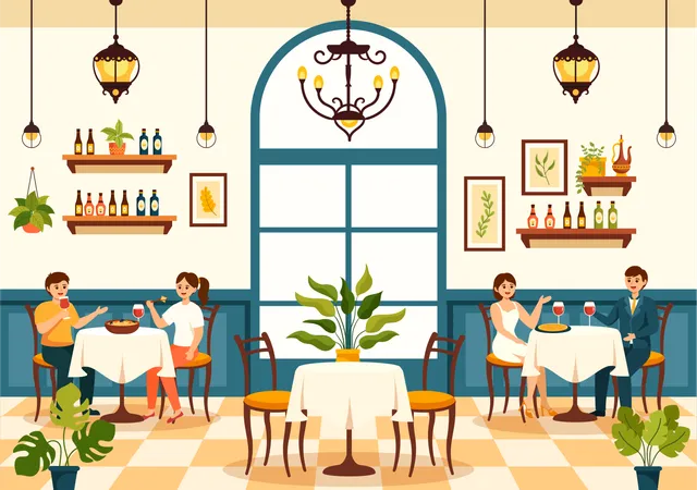 People having food in Spanish Restaurant  Illustration