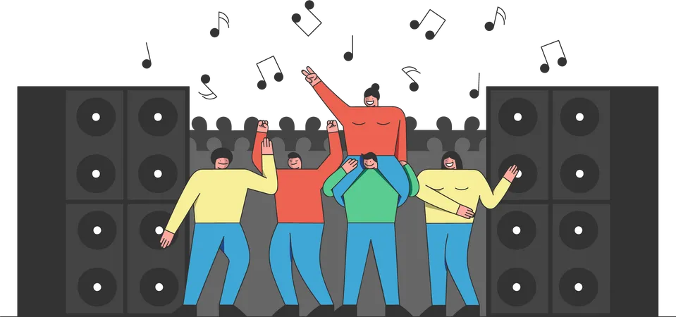 Dance Party Concept People Are Having Fun And Dancing At Disco Music Club Notes And Big Speakers On The Background Cartoon Outline Linear Flat Vector Illustration Illustration