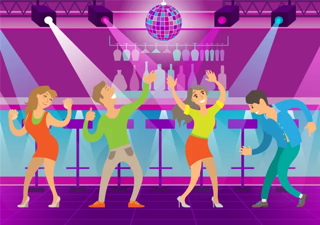 Woman And Man Dancing In Club Vector Nightlife Of Characters Clubbing Personage Disco Ball And Spotlights Stage And Music Evening Relaxation Style Flat Cartoon イラスト