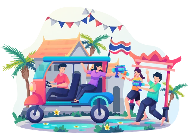 People having fun on Songkran Day by playing with water guns Illustration