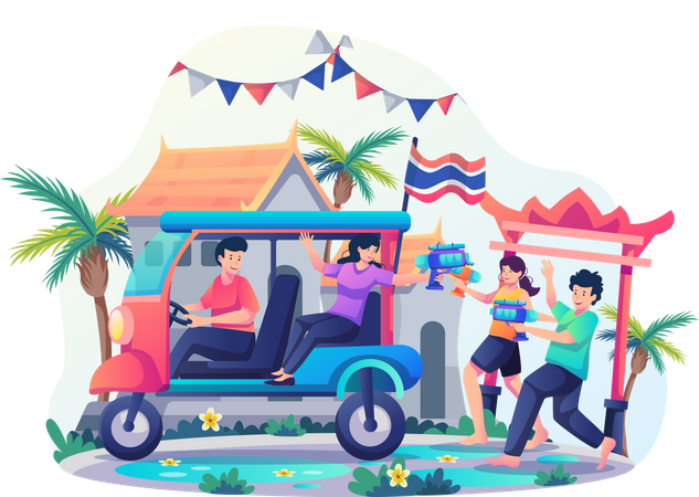 People having fun on Songkran Day by playing with water guns  Illustration