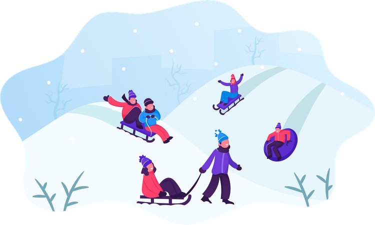 People Having Fun Sledding on Tubing and Sleds Downhill During Winter  イラスト