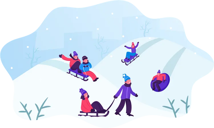 Happy Children Having Fun Sledding On Tubing And Sleds Downhill During Winter Christmas And New Year Holidays Wintertime Outdoors Activity Vacation Spare Time Cartoon Flat Vector Illustration イラスト