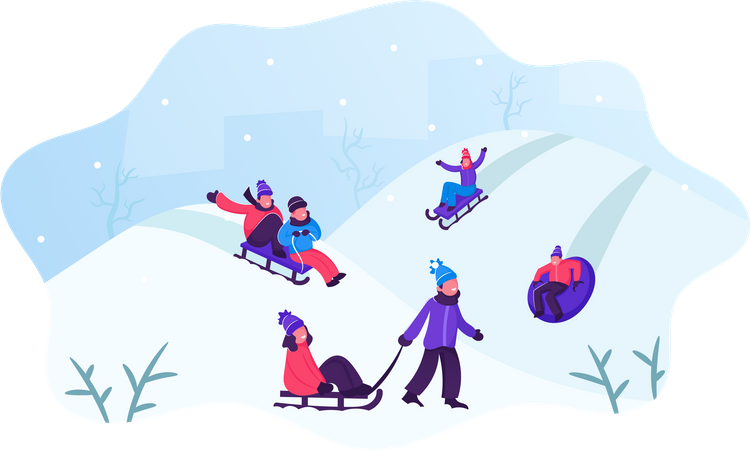 People Having Fun Sledding on Tubing and Sleds Downhill During Winter  Illustration