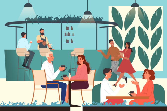 People having lunch in cafe Illustration
