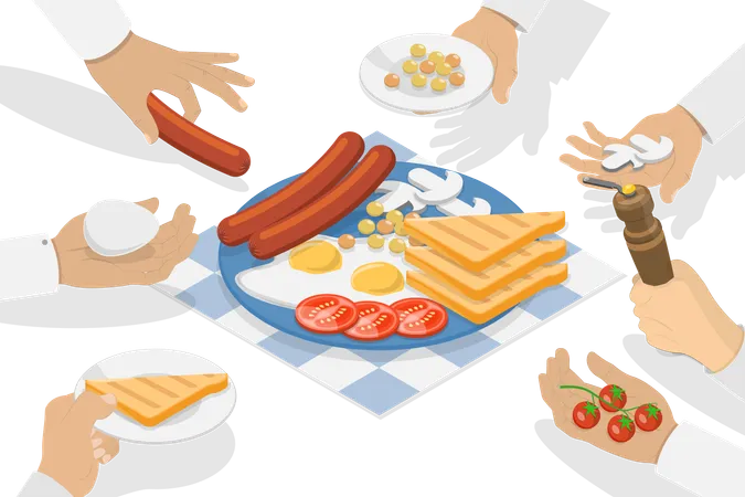 3 D Isometric Flat Vector Illustration Of Breakfast Plate People Having A Meal Illustration