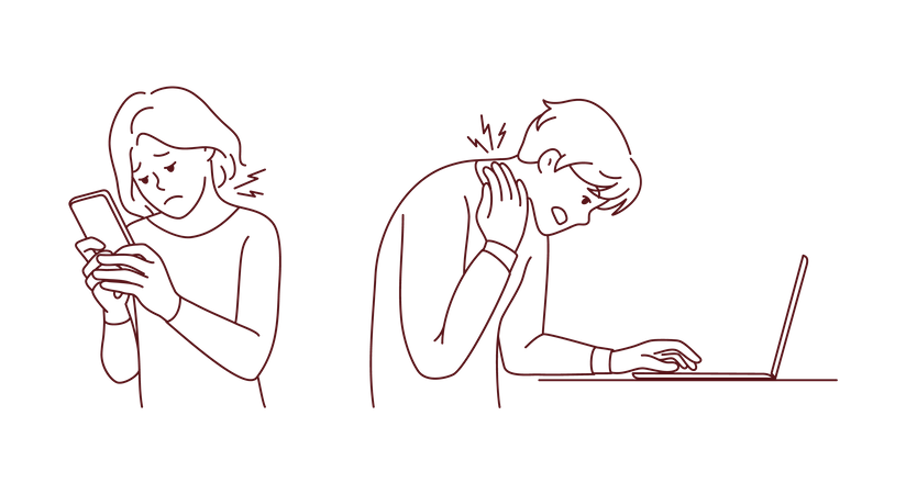 People having neck pain due to device usage  Illustration