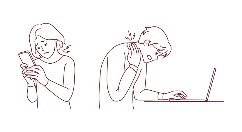 People having neck pain due to device usage  Illustration