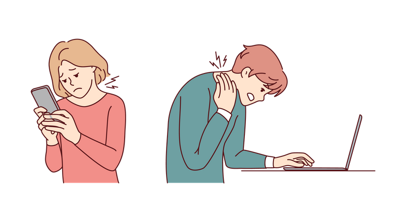 People having neck pain due to device usage  Illustration