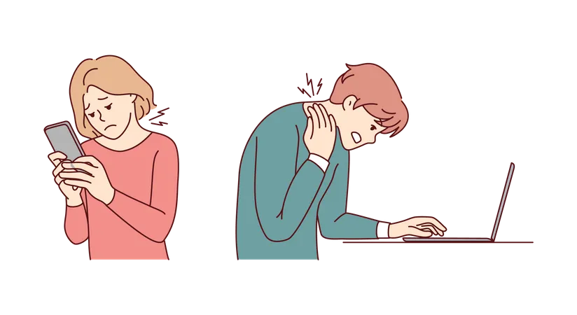 People having neck pain due to device usage  Illustration