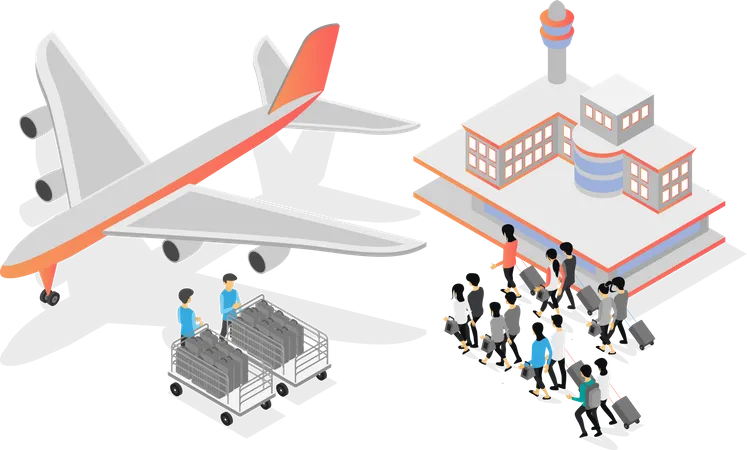 People Heading For Planes In Airport Corridor Illustration
