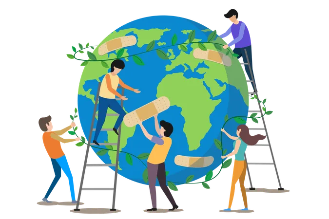 People Healing Planet Wounds With Medical Adhesive Volunteers Taking Care About Planet Ecology Environment Nature Protection Flat Illustration イラスト