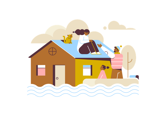 People helping girl to get off roof Illustration