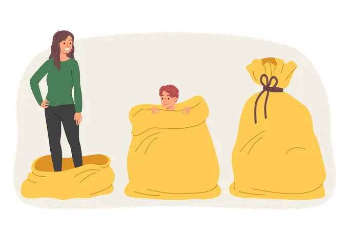 People Hide In Huge Bags And Take Turns Come Out Surprising Each Other And Rejoicing At Unexpected Meeting Concept Of Playing Hide And Seek Or Trying To Find Competitors In Business Illustration