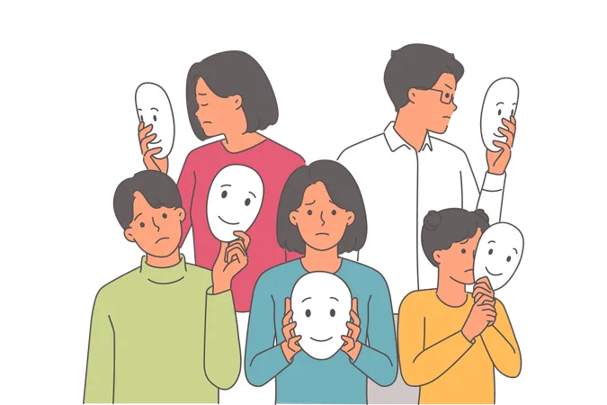 People hide negative emotions behind masks with smile to hide mood and pretend to be happy team  Illustration