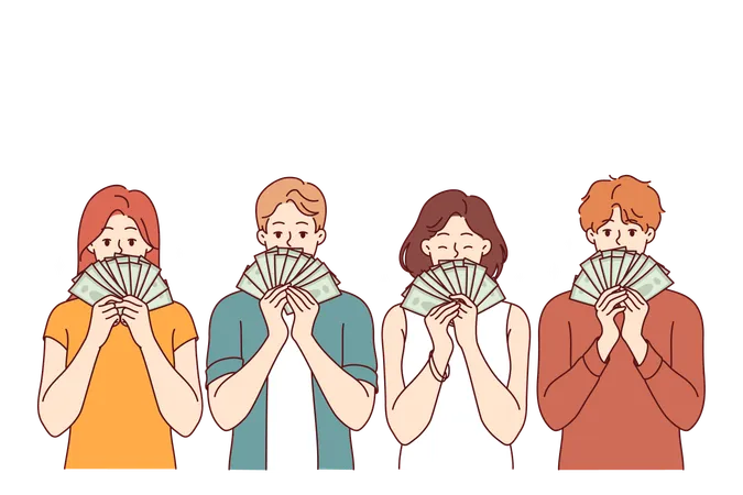 People Hold Money Close To Faces Boasting About Salary Received Or Profit Won In Financial Lottery Rich Men And Women Urge To Learn Financial Literacy To Generate Income From Dividends Illustration