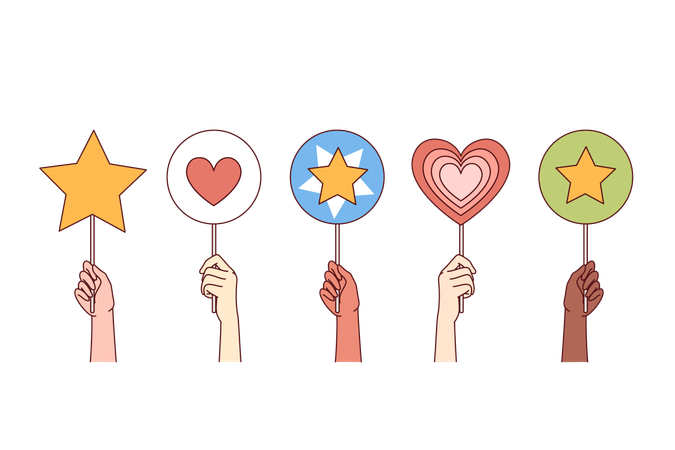 People hold up rating signs with hearts and stars symbolizing support and approval for company  Illustration