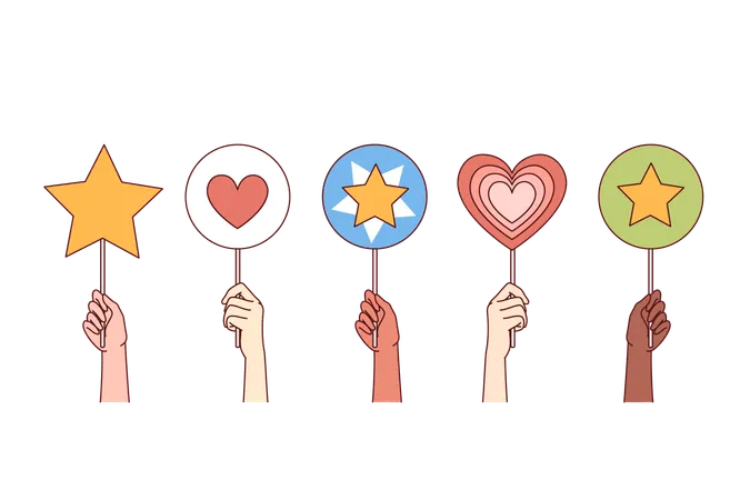 People hold up rating signs with hearts and stars symbolizing support and approval for company  Illustration