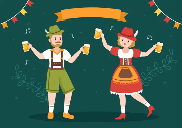 People holding beer glass while dancing on Oktoberfest Festival  Illustration