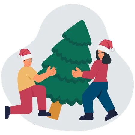 People holding christmas tree  Illustration