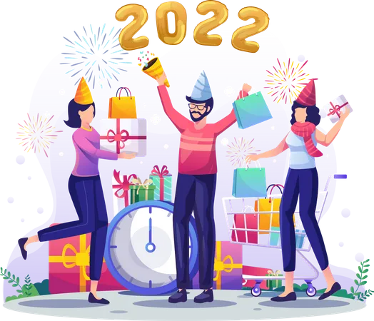 People Hold Gifts And Enjoy Shopping To Celebrate New Year 2022 New Year Shopping And Sale Concept Design Vector Illustration Illustration