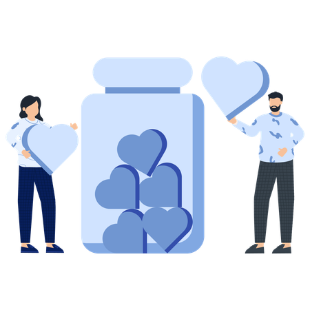 People Holding Hearts Near a Bottle Filled with Hearts  Illustration