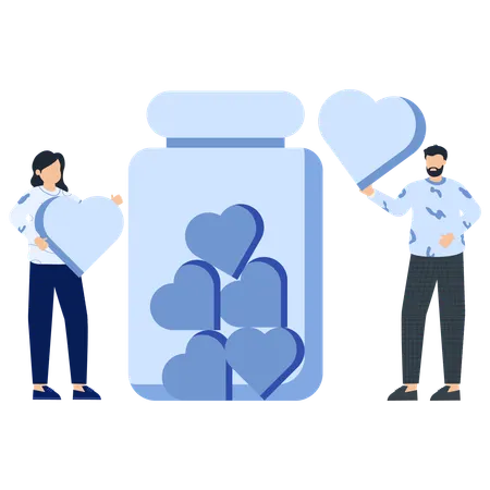 People Holding Hearts Near a Bottle Filled with Hearts  Illustration