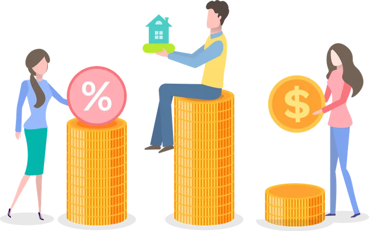 Woman And Man Holding Coins And House Symbol Metal Circle Money And Percent Sign Credit Round Decoration Currency And People Dollar Invest Vector Illustration