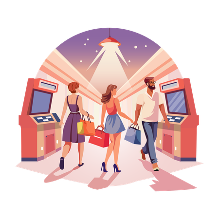 People holding shopping bags and walking in a shopping mall  Illustration