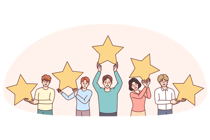 People holding stars giving client feedback  Illustration