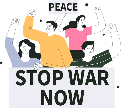 People holding stop war now banner  Illustration