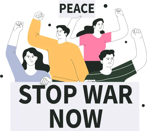 People holding stop war now banner  イラスト