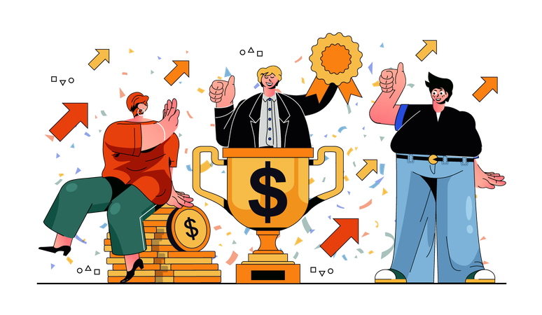 People holding trophy cup winning and achieving career goals rewarding prize team triumph  Illustration