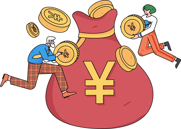 People holding yen coin while savings money  Illustration