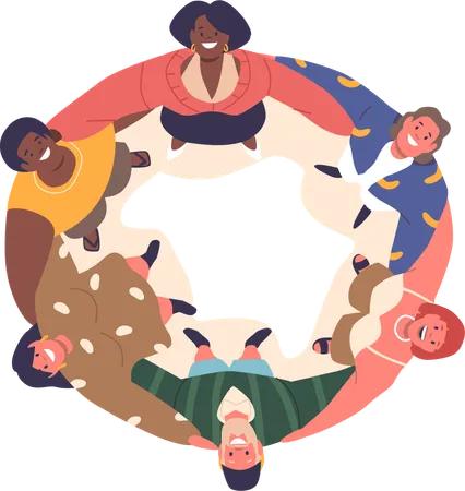 People Hugging Top View Group Of Characters Forms A Tight Circle Embracing One Another Creating A Heartwarming Display Of Unity And Connection View From Above Cartoon Vector Illustration Illustration