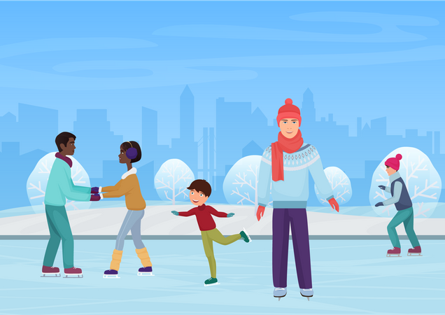People ice skating in winter  Illustration