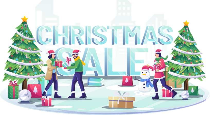 People ice skiing and giving gifts to each other Illustration