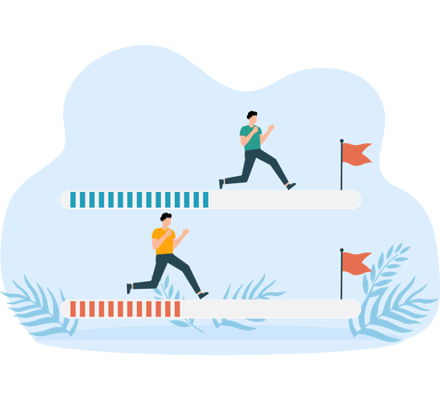 People improvement on progress bar to achieve success flag  Illustration