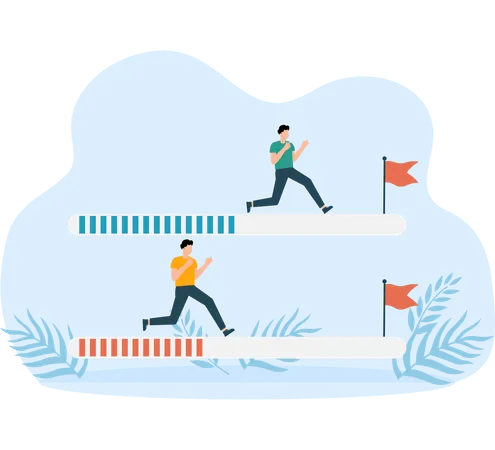 People improvement on progress bar to achieve success flag  Illustration