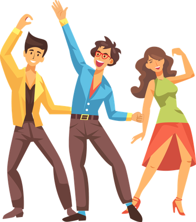 People in 1970s style clothes dancing disco, cartoon style vector illustration isolated on white background.  Illustration