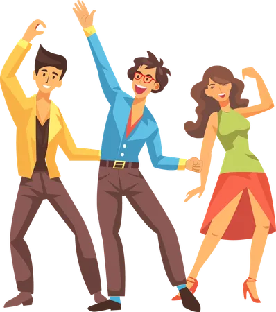 People in 1970s style clothes dancing disco, cartoon style vector illustration isolated on white background.  Illustration