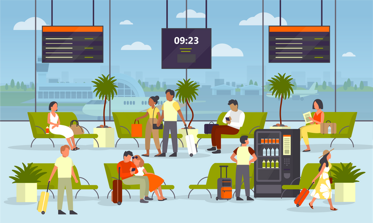 People in airport waiting area Illustration