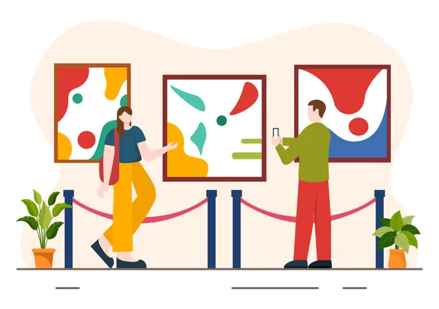 Exhibition Visitors Viewing A Gallery With Modern Abstract Painting At Contemporary In Exposition Hall In Flat Cartoon Background Vector Illustration Illustration